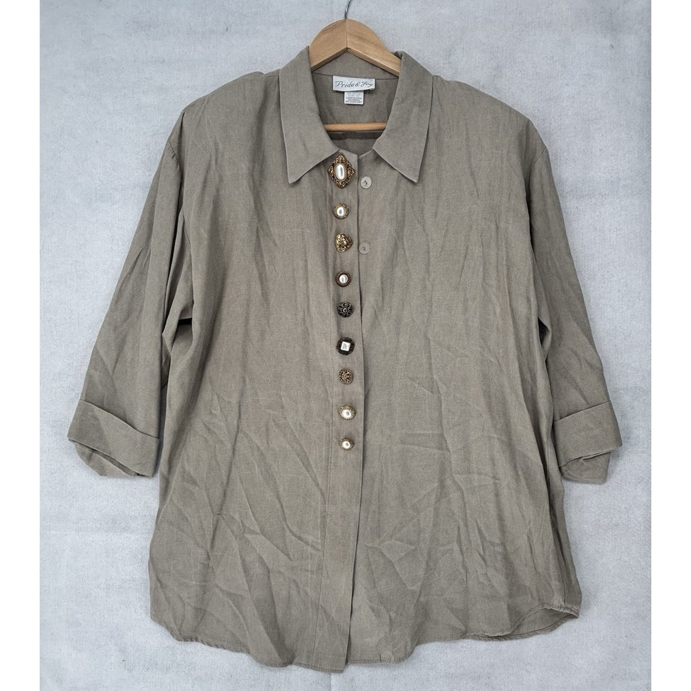 Pride & Joy Over Shirt Decorative Button Front 3/4 Sleeve Khaki Women Sz 14 VTg